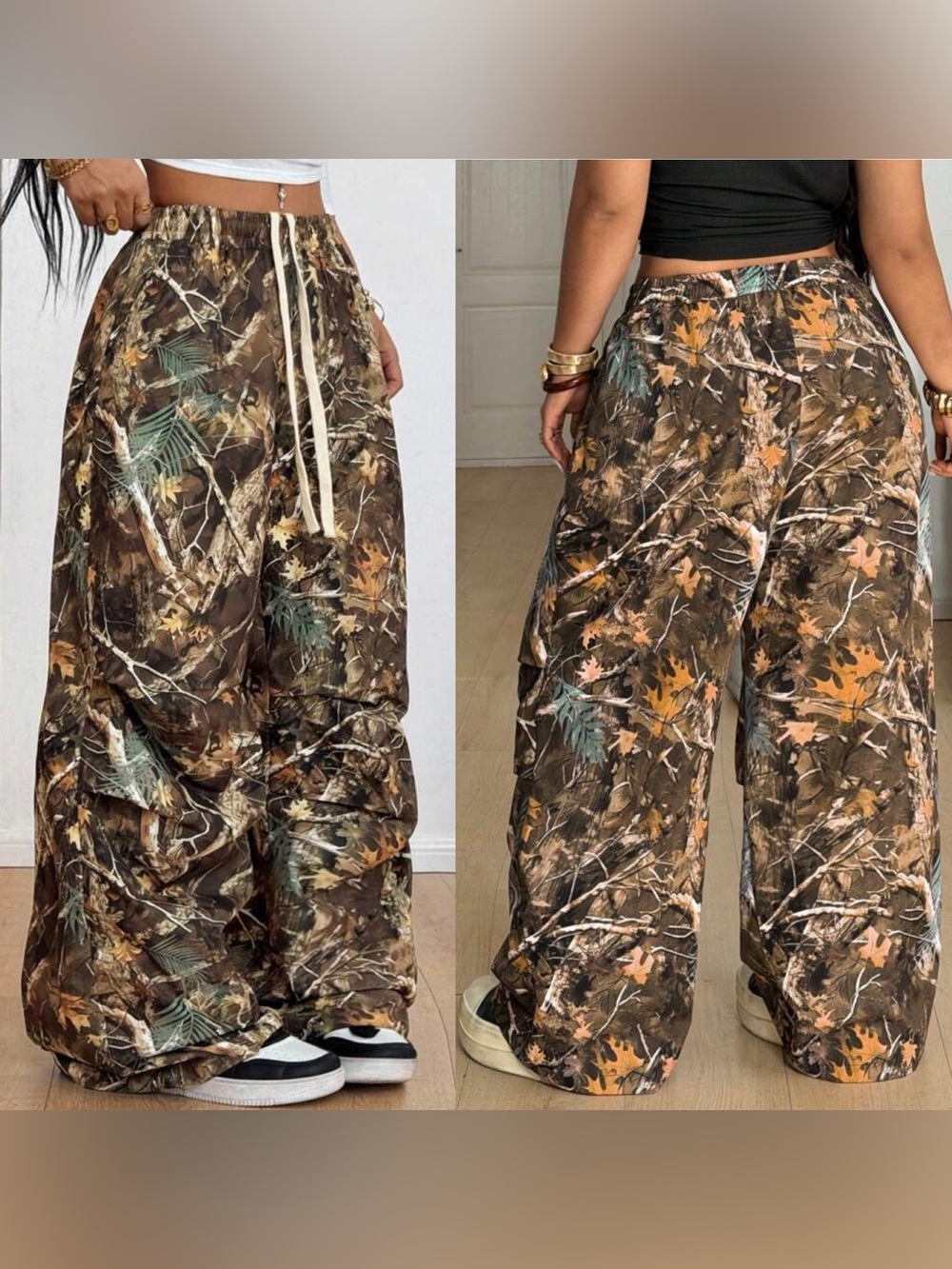 SHEINCurve Brown Green Camouflage Wide-Leg Drawstring Pants